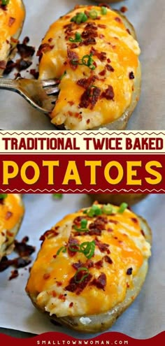 three images of baked potatoes with bacon and cheese on them, one has a fork in it