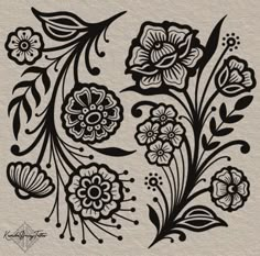 a drawing of flowers with leaves and swirls on the bottom, in black ink