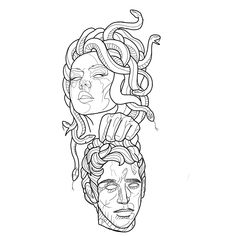 two faces with snakes on their heads, one in the shape of a woman's head