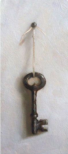 a painting of a key hanging from a hook