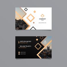 two business cards with an orange and black design on the front, one is for company