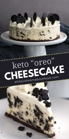 Collage of keto cookies and cream cheesecake with a photo of the whole cake on the top and a photo of a slice cut out on the bottom. Black Cocoa Powder, Low Carb Cheesecake Recipe, Cookies And Cream Cheesecake, Black Cocoa, Sugar Free Cheesecake, Sugar Free Recipes Desserts, Low Carb Low Fat Recipes, Losing 40 Pounds, Low Carb Cheesecake