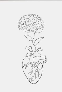 a black and white drawing of a human heart with a plant growing out of it