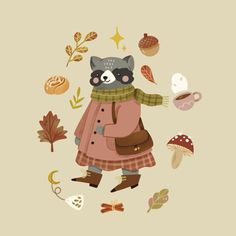 a raccoon wearing a coat and scarf is surrounded by autumn leaves, mushrooms, acorns and other things