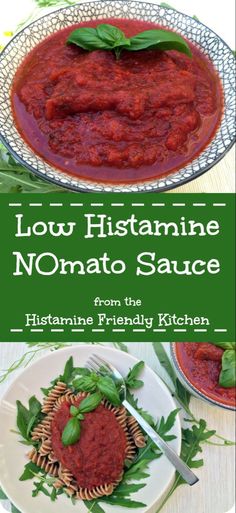 the cover of low histamine tomato sauce on a plate with pasta and basil leaves