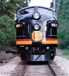 a black train traveling down train tracks next to some trees and bushes in the background