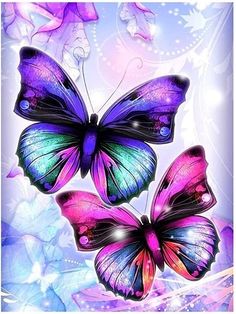 three purple butterflies flying in the sky with blue and pink flowers behind them on a white background