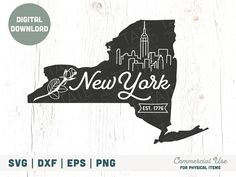 the new york state is shown in black and white on a wooden background with text that reads