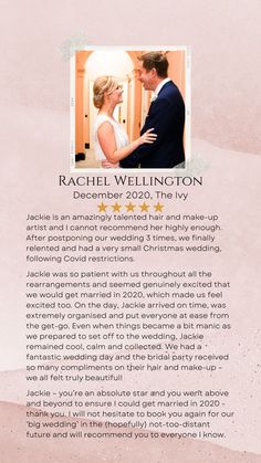 the back cover of rachel wellington's wedding brochure, which features an image of a bride and groom