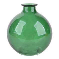 a green glass vase is shown against a white background