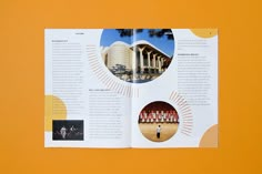 an open brochure with images of buildings and people in the center, on a yellow background