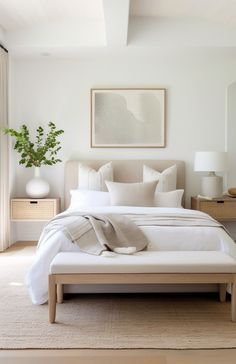 a bedroom with a large bed and white walls