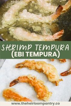 shrimp tempura ebitempura cooking in a skillet with text overlay