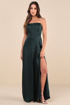 Extraordinary Presence Dark Green Satin Strapless Maxi Dress Dark Green Prom Dress Long, Prom Dresses Long Strapless, Dark Green Prom Dress, Green Prom Dress Long, Maxi Dress Satin, Dress Satin Bridesmaid, Bridesmaid Dresses Satin, Lulus Dress, Satin Bustier