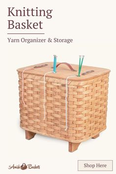 the knitting basket yarn organizer and storage is shown in front of an advertisement for knitters