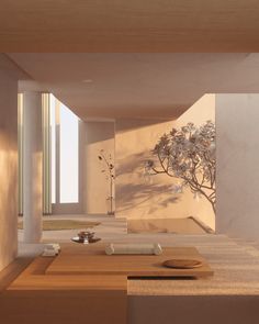 the interior of a modern house with flowers in vases on the table and an empty bench