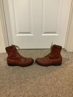 This vintage 1960s Tuffy 11 by RedWing Red Leather Hiking chore boots were originally worn by the Boy Scouts in 1965. The size inside the boot is a size 6 boys mens. The width was a E. Which would be like a normal width today. Pls only go by the measurements given to ensure a correct fit. I looked the boots up and was finally able to find the year on the boots . You can see the Red Wing logo on bottom of boots. Considering age good vintage cond. these will clean up quite nice. Vintage Brown Combat Boots With Round Toe, Vintage Brown Moto Boots With Plain Toe, Vintage Work Boots With Goodyear Welt Construction, Vintage Work Boots With Goodyear Welt Construction For Fall, Vintage Lace-up Boots With Goodyear Welt For Fall, Vintage Work Boots With Goodyear Welt And Moc Toe, Vintage Brown Moto Boots With Goodyear Welt Construction, Vintage Boots With Reinforced Toe For Fall, Vintage Brown Moto Boots With Goodyear Welt