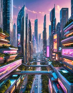 a futuristic city with lots of tall buildings