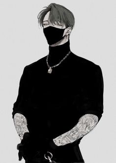 a drawing of a man wearing a black shirt with tattoos on his arms and hands