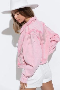 Add some sparkle to your style with our Rhinestone Fringe Jacket in Pink! This denim jacket features fringe detailing on the front and back adorned with shimmering rhinestones- perfect for a night out at the rodeo. 90% Cotton, 10% Polyester. Fit: This jacket is intended to have a relaxed fit throughout. Bust: The bust is intended to have a relaxed fit. Waist: The waist is intended to have a relaxed fit. Hips: The hips are intended to have a relaxed fit. Length: The length hits right at the hips. Pink Fringe Jacket, Denim And Rhinestones, Rhinestone Denim, Pink Denim Jacket, Denim And Diamonds, Rhinestone Fringe, Jacket Fabric, Pink M, Fringe Jacket