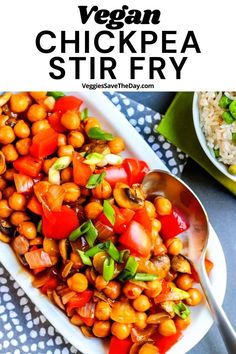 vegan chickpea stir fry on a white plate