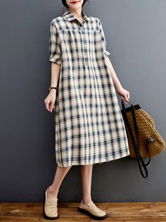 Half Sleeves Loose Plaid Lapel Midi Dresses BLUE-M Nigeria Dress, Leisure Fashion, Check Dress, Fashion Seasons, Blue Midi Dress, One Piece Swimwear, Midi Dresses, Cotton Style, Half Sleeves