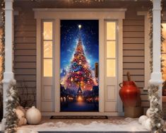 a christmas tree is lit up on the front door