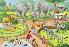 an image of children playing in the zoo with animals and other things on the ground