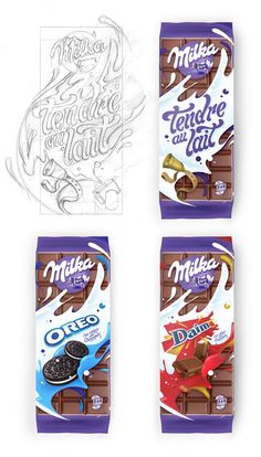 three bags of chocolate are shown with the packaging in different colors and designs on them