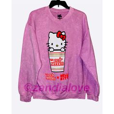 Nissin Cup Noodles X Hello Kitty Pink Crewneck Sweater Sz L New Without Tags Super Rare Hard To Find! Tiny Misprint See Last Picture Light Piling From Material Used To Make The Sweater Hello Kitty Crew Neck Fun Tops, Harajuku Hello Kitty Crew Neck Top, Hello Kitty Casual Crew Neck T-shirt, Harajuku Hello Kitty Crew Neck T-shirt, Playful Hello Kitty Crew Neck T-shirt, Nissin Cup Noodles, Hello Kitty Accessories, Cup Noodles, Pink Crewneck