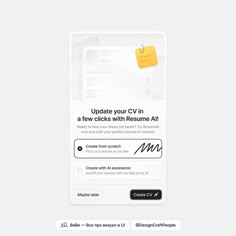 an email form with a yellow sticky note attached to the front of it that says, update your cv in a few quick clicks with resume all