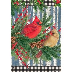 a christmas card with two cardinals and pine cones