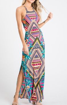 Aztec print maxi dress w/side split. 95% Polyester, 5% Spandex (inner lining) *Has some stretch* Aztec Print Maxi Dress, The Aztecs, Ethnic Dresses, Aztec Print Dress, Aztec Dress, Ethnic Dress, Western Boho, Summer Clothing, Beach Wears