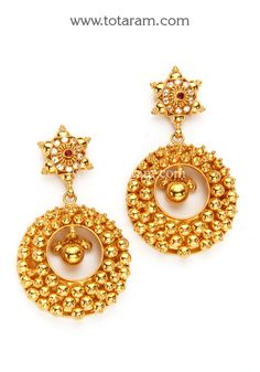 22 Karat Gold Drop Earrings (Chand Bali) With Ruby & Cz 
   - 235-GER6430 - in 31.900 Grams for USD $2500.39. 
Made in India by Totaram Jewelers Online this product is in Gold - 22 Karat BIS Hallmark 916 KDM Gold  & is an excellent gift for Adult - Women. Ships fully insured with secured guaranteed delivery for free with your order over $250 from New Jersey USA & comes with 30 days exchange policy. Indian Gold Jewellery Design, 22k Gold Earrings, Indian Gold Jewelry, Gold Earrings Indian, Gold Temple Jewellery, Gold Chandelier Earrings, 22k Gold Jewelry, Jewelry Designing, Chandbali Earrings