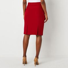 Black Label by Evan-Picone designs suiting to flatter your shape and create a sharp tailored look that's perfect for traditional office settings or special occasions like a wedding or fancy dinner. This women's suit skirt is cut in a knee-length from a soft crepe in a deep crimson red and features a concealed side zip closure and front and back kick pleats. Pair with the matching blazer.Front Style: Flat FrontFeatures: Stretch FabricClosure Type: ZipperFit: Classic FitRise: Mid RiseApparel Length: 25 InchesFiber Content: 97% Polyester, 3% ElastaneFabric Description: CrepeLining: LinedLining Material: PolyesterInseam: 25 InSkirt Length: Knee LengthCare: Dry Clean OnlyMaterial: Polyester BlendCountry of Origin: Imported Womens Suit, Traditional Office, Kick Pleat, Fancy Dinner, Crimson Red, Black Label, Suits For Women, Side Zip, Knee Length