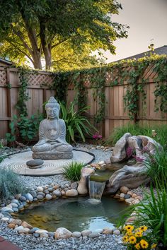 a small garden with a buddha statue in the center and water feature at the bottom