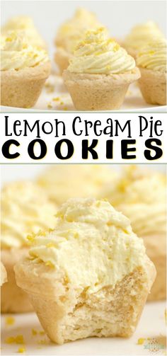 lemon cream pie cookies on a white plate with the title in black and yellow above it