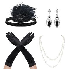 PRICES MAY VARY. Package Includes:You will receive a pair of exquisite earrings; a pair of elegant black long gloves; a faux pearl necklace; a feather headband; a plastic pipe Reliable Material:The flapper accessories are made of high-quality materials, long gloves made of spandex elastic fabric, soft and comfortable to the touch, but also has a good elasticity and breathability, can be a perfect fit for your hand lines, to achieve both quality and comfort Black Feather Headband: Made of black f Roaring 20s Accessories, 20s Accessories, 1920s Accessories, Flapper Accessories, Art Deco Party, 1920s Headpiece, Hand Lines, Fashion Leaders, Diamond Decorations