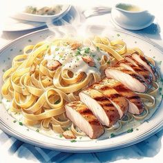 a white plate topped with chicken and pasta covered in sauce on top of a table