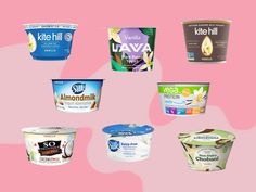 six yogurts are shown on a pink background