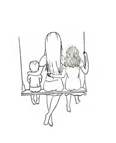 a woman sitting on a swing with a child and an adult standing next to her