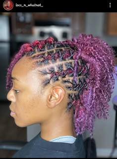 Barrel Roll Loc Styles Women Short, Rainbow Locs Black Women, Half Up Half Down Loc Styles For Women, Purple Dyed Locs Black Women, Black And Purple Locs Black Women, Dark Purple Locs, Blue And Purple Locs Black Women, Half Up Half Down Loc Styles, Purple And Red Locs Black Women