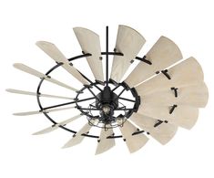 a ceiling fan with wooden blades hanging from it's center point on an isolated white background