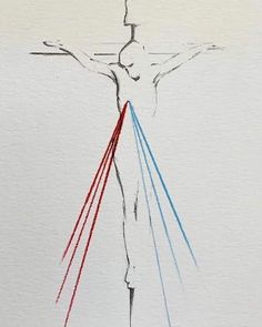 a drawing of the crucifix is shown in red, white and blue