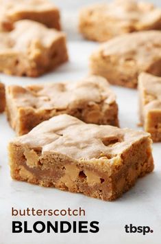 peanut butter blondies are cut into squares and stacked on top of each other with the words butterscotch blondies below them