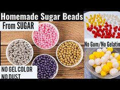 four different types of sugar beads in bowls