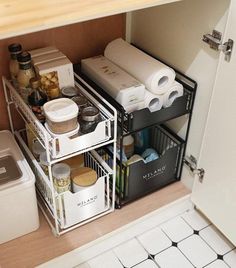 an organized kitchen pantry under the sink