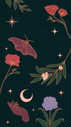 an image of flowers and stars on a black background with the moon in the sky