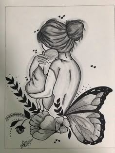 a drawing of a woman holding a butterfly