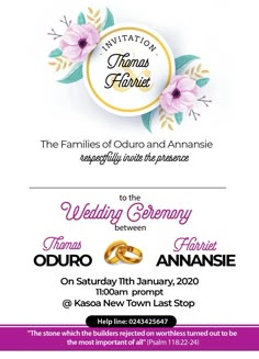 the wedding ceremony flyer is shown with two rings and flowers in purple, yellow and white